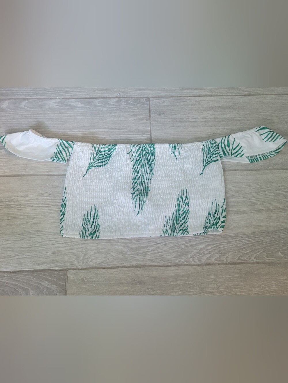 Off-Shoulder White Crop Top with Green Leaf Print